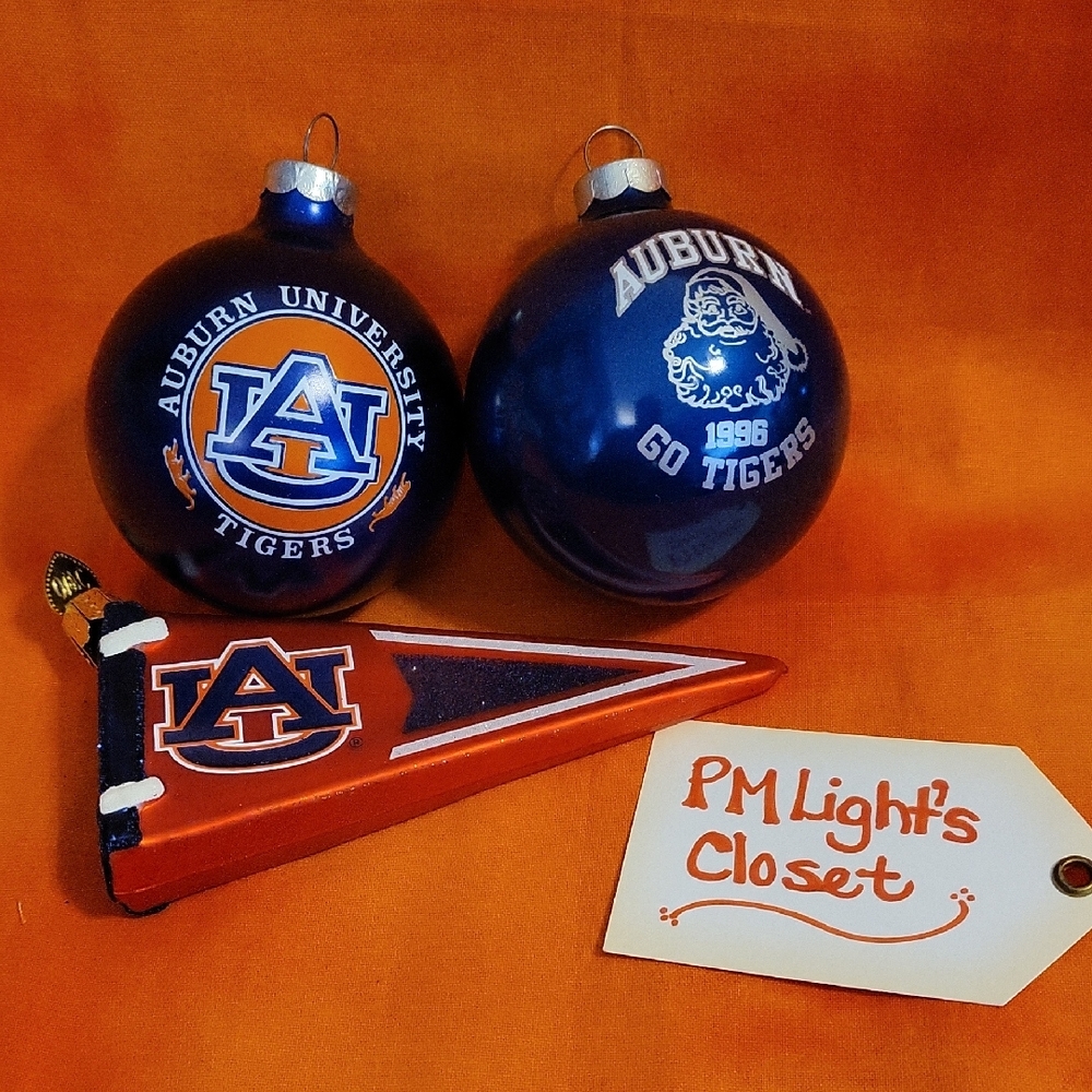 Set of 3 Auburn University Glass Christmas Ornaments Blue White Orange